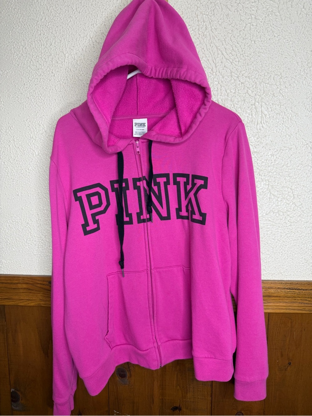 PINK Victoria's Secret Hot Pink Hooded Zip-Up Jacket with Black Logo